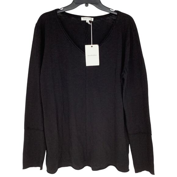 Mododoc Women's Large Black V Neck Long Sleeve T Shirt Front Seam Cotton I3-16 - Picture 1 of 5